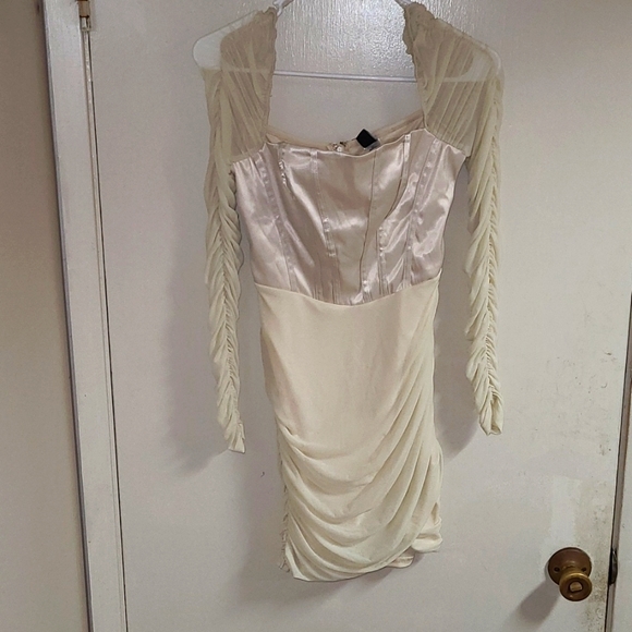 Windsor bodycon dress with mesh sleeves. satin corset bodice. - Picture 2 of 6